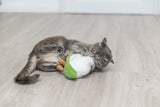 Eine graue Katze spielt mit einem weißen und grünen Stoffspielzeug auf einem Holzboden.