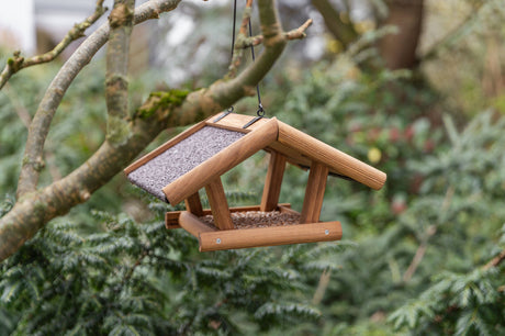 Holz Vogelhaus hängt an einem Ast im Grünen.