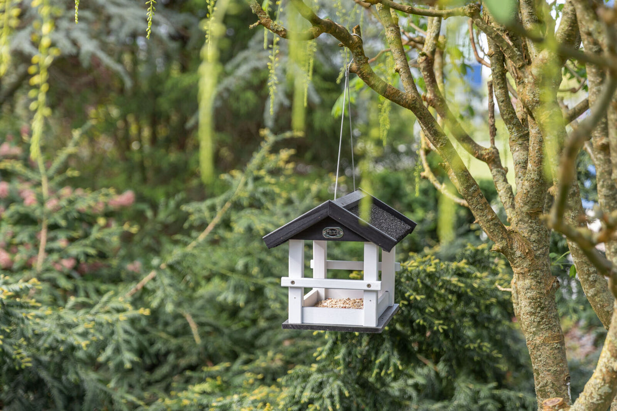 Vogelfutterhaus aus Holz mit schwarzem Dach, aufgehängt an einem Baum in einem grünen Gartenumfeld.