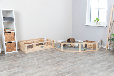 Holzgehege mit Käfig und Tunnel auf Laminatboden neben einem weißen Regal, im Gehege sind zwei Meerschweinchen.