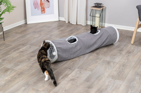 Zwei Katzen spielen in einem grauen Stofftunnel mit Löchern auf einem Holzfußboden in einem modernen Raum.