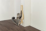 Langhaarige graue Katze streckt sich an einem vertikalen Kratzbrett an einer weißen Wand auf Holzfußboden.