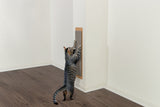 Eine Katze kratzt an einer Wandkratzmatte in einem Raum mit Holzboden.