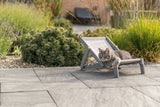 Graue Katze liegt auf einem kleinen Liegestuhl in einem Garten.