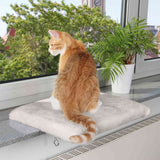 Eine Katze sitzt auf einem beigen Kissen vor einem Fenster; draußen sind grüne Bäume und ein Turmuhr zu sehen.