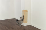 Eine graue Katze kratzt an einem beigen Kratzbrett, das an einer weißen Wand in einem Raum mit Holzfußboden montiert ist.