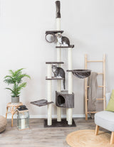 Hoher Kratzbaum mit mehreren Plattformen und Höhlen, darauf zwei Katzen, umgeben von Zimmerpflanzen und Wohnzubehör.