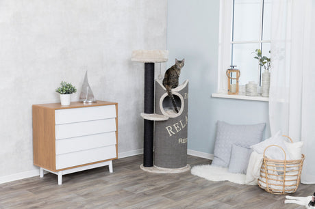 Grauer Kratzbaum mit liegendem Katzenmotiv, braun-weißer Schrank, Pflanzen, Kissen, Korb und Fensterbank.