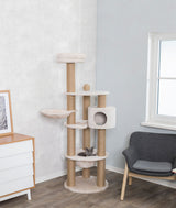Katzenbaum mit beige und braunem Design, mehreren Plattformen und Höhle, Katze liegt in unterer Etage, in modernem Raum.