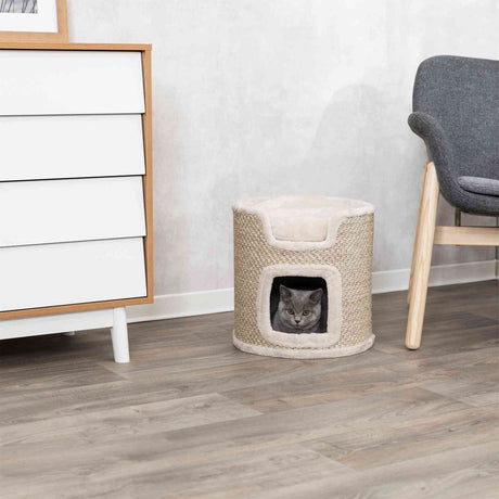 Graue Katze in einem beigen, zylindrischen Kratzbaum neben einem grauen Sessel und einer weißen Kommode.