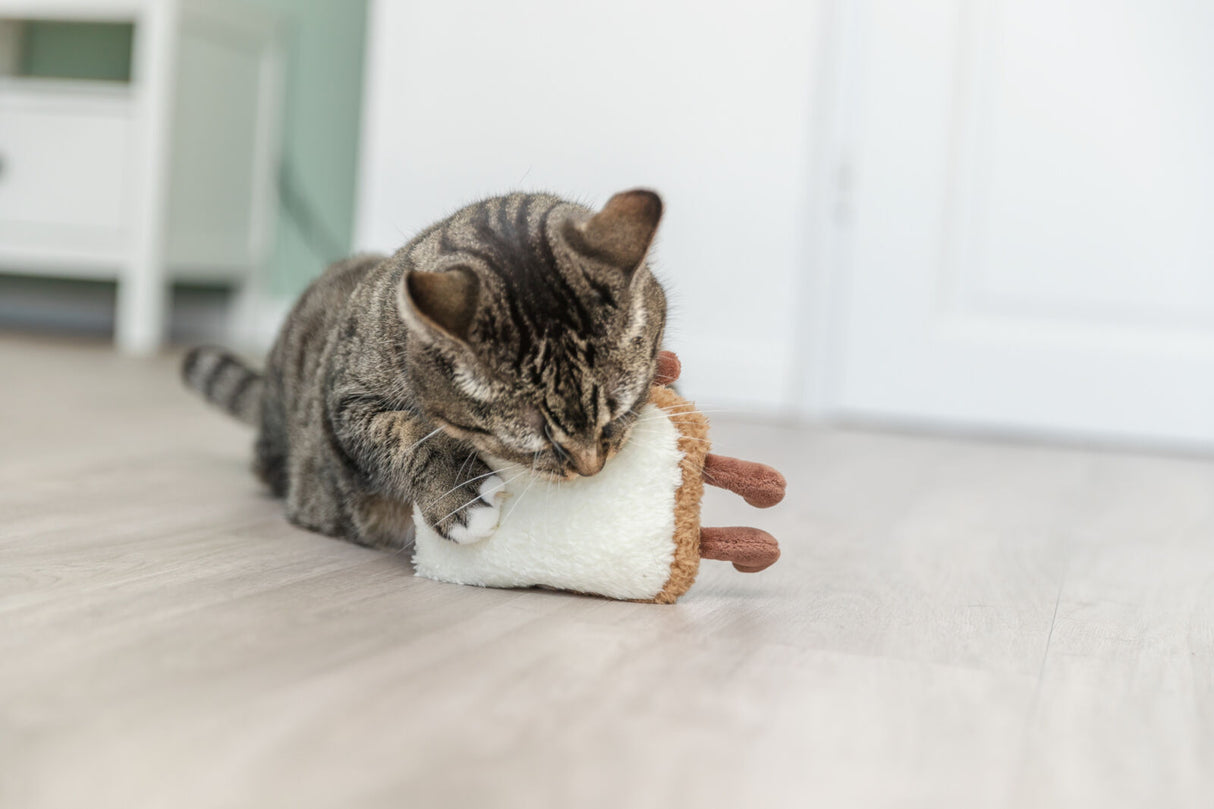 Getigerte Katze spielt mit weißem und braunem Spielzeug auf hellem Holzboden.