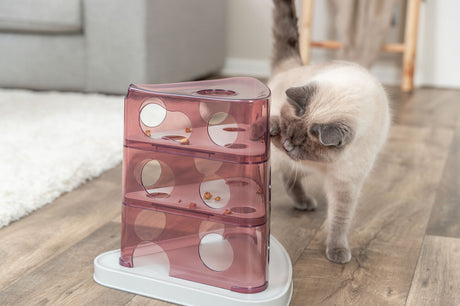 Eine beige Katze untersucht einen lila Futterturm mit mehreren Etagen und runden Löchern auf einem Holzboden.
