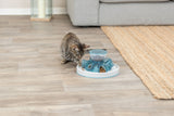 Eine getigerte Katze spielt mit einem blauen Futternapfspielzeug auf einem Holzboden neben einem Teppich.