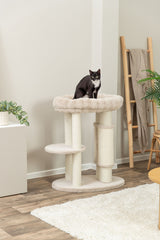 Schwarz-weiße Katze sitzt auf einem beigen Kratzbaum in einem Wohnzimmer mit Holzfußboden.