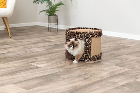 Eine Katze schaut aus einer runden, leopardengemusterten Höhle auf einem Holzboden.