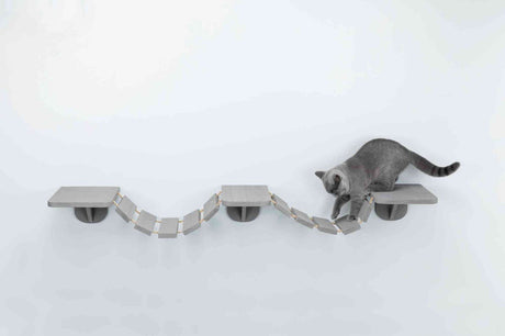 Graue Katze auf einer hängenden, grauen Plattform mit beweglicher Brücke zwischen den Plattformen in minimalistischem Raum.