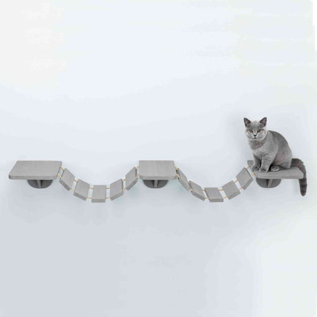 Graue Katze sitzt auf einer grauen Wandkonstruktion mit zwei Plattformen und einer Hängebrücke.