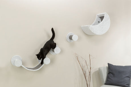 Schwarze Katze bewegt sich über weiße Wandplattformen, daneben ein grau gepolsterter Stuhl und eine Vase mit Zweigen.