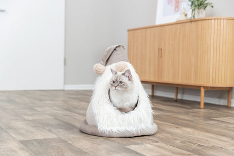Eine Katze sitzt in einem weichen, hellbraunen Katzenschlafsack mit weißem Fellimitatbesatz auf einem Holzboden.