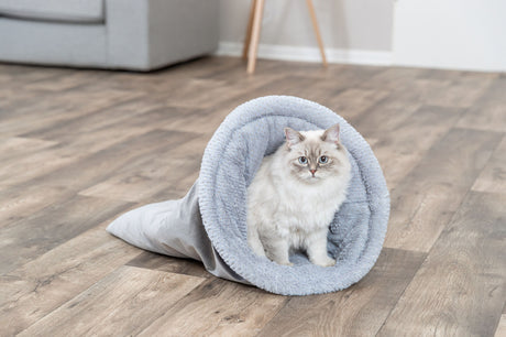Eine Katze sitzt in einer grau gepolsterten Höhle auf einem Holzfußboden in einem hellen Raum.