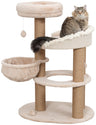 Katzenkratzbaum mit drei Ebenen, beige Plüsch- und Sisalflächen, hängender Ball, darauf sitzende Katze.