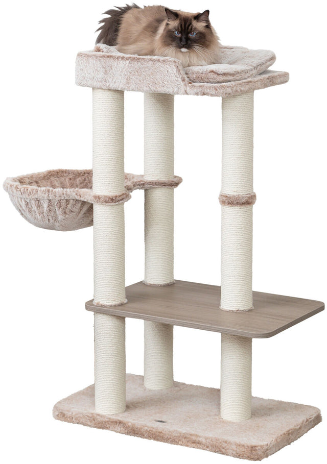Kratzbaum mit beige-brauner Liegefläche, drei Ebenen und einer Katze oben liegend.