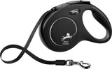 Schwarze, einziehbare Hundeleine von Flexi mit ergonomischem Griff und silbernen Details.