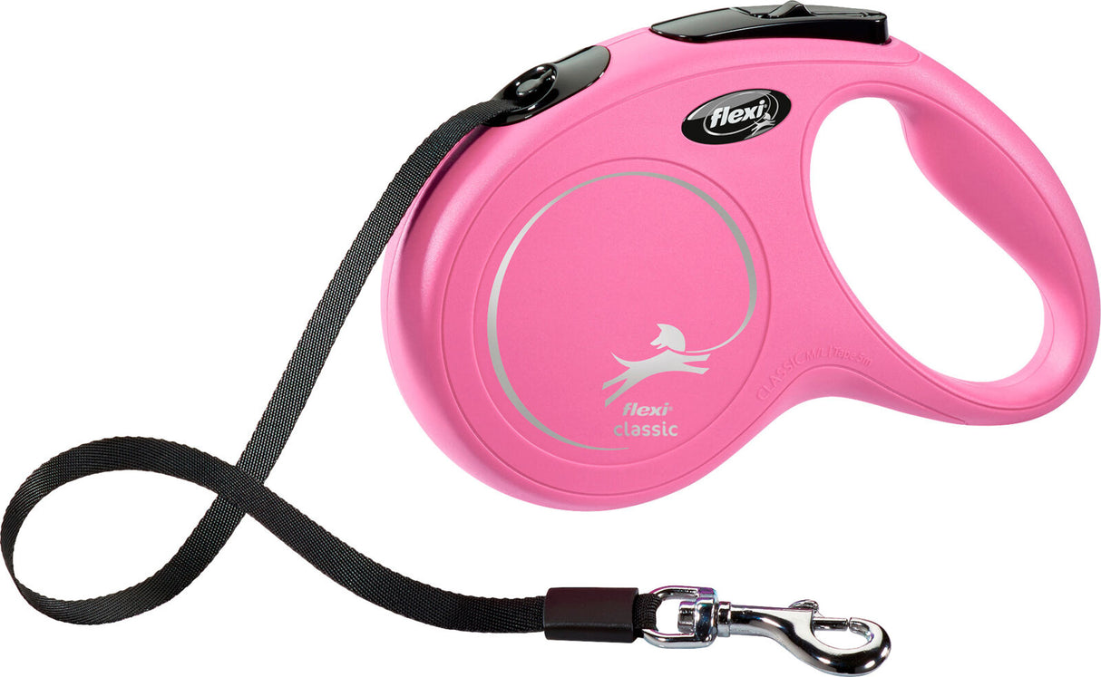 Rosa, automatische Hundeleine mit schwarzem Band und silbernem Karabiner, Logo und Text "flexi classic" sichtbar.