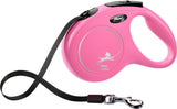 Rosa, automatische Hundeleine mit schwarzem Band und silbernem Karabiner, Logo und Text "flexi classic" sichtbar.