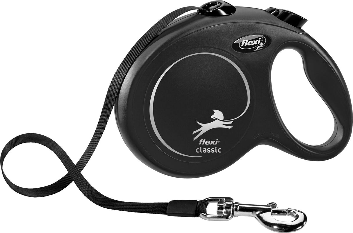 Schwarze, runde Rollleine mit ergonomischem Griff, Leinenband und silbernem Hunde-Logo, Aufschrift "flexi classic".