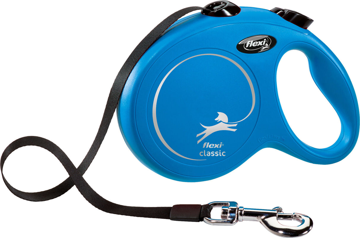 Blaue Rollleine mit schwarzem Band und silbernem Haken, `flexi classic`-Logo sichtbar.