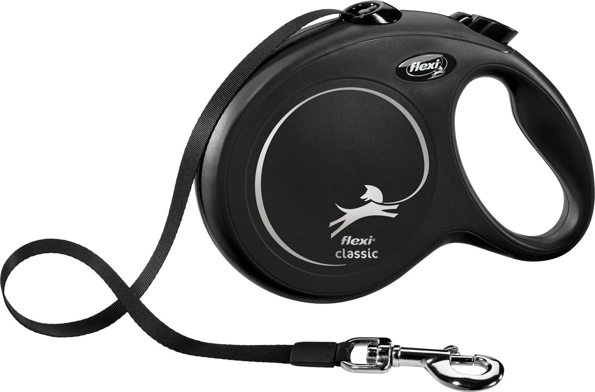 Schwarze, runde Hundeleine mit ergonomischem Griff und Aufrollmechanismus, Metallkarabiner, Text "flexi classic".