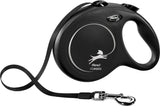 Schwarze, runde Hundeleine mit ergonomischem Griff und Aufrollmechanismus, Metallkarabiner, Text "flexi classic".