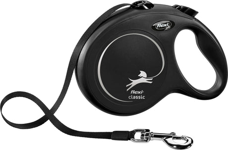 Schwarze, runde Hundeleine mit ergonomischem Griff und Aufrollmechanismus, Metallkarabiner, Text "flexi classic".