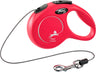 Rote Hundeleine mit schwarzem Griff, Aufdruck "flexi classic", Metallhaken am Seilende.