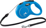 Blaues flexibles Hundeleine mit schwarzem Griff und silberfarbenem Karabinerhaken, Label "flexi classic".