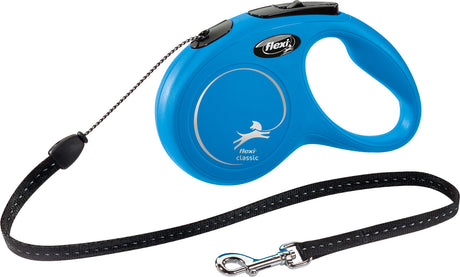 Blaues flexibles Hundeleine mit schwarzem Griff und silberfarbenem Karabinerhaken, Label "flexi classic".
