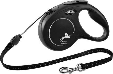 Schwarze Rollleine für Hunde mit ergonomischem Griff, bedruckt mit "flexi classic" und Abbildung eines Hundes.
