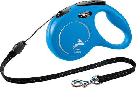 Blaue einziehbare Hundeleine mit schwarzem Griff und schwarzem Band, Text "flexi classic" sichtbar.