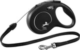 Schwarze Hundeleine mit Rückholmechanismus, rundem Griff und Metallhaken, Markierung "flexi classic".
