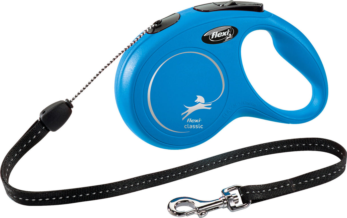 Blaue, einziehbare Hundeleine mit schwarzem Griff und reflektierendem Band sowie metallischem Karabinerhaken.