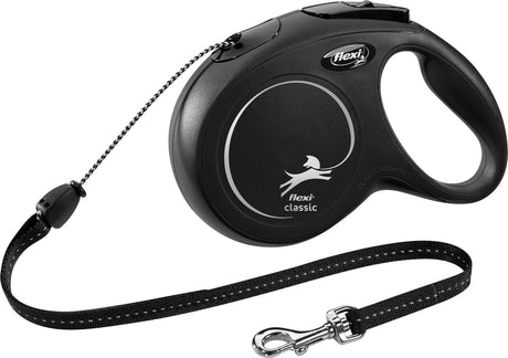 Schwarze einziehbare Hundeleine mit ergonomischem Griff, flexi classic Design und silbernem Ansteckhaken.