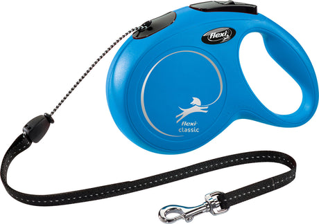 Blaue Hundeleine mit Griff aus Kunststoff, bedruckt mit "flexi classic", inklusive Metallkarabiner und Seil.