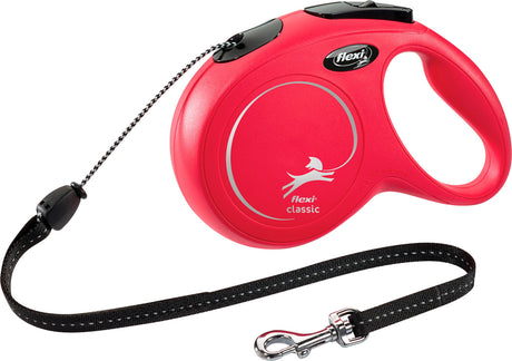 Rote Flexi-Rollleine mit schwarzem Band und silbernem Haken, Beschriftung "flexi classic".