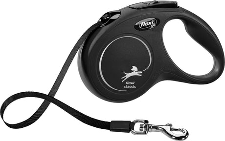 Schwarze ausziehbare Hundeleine mit ergonomischem Griff, Aufdruck "flexi classic", silberner Haken.