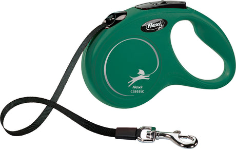 Grüne, ausziehbare Hundeleine mit schwarzem Band und silbernem Karabinerhaken, Markenname "flexi classic".