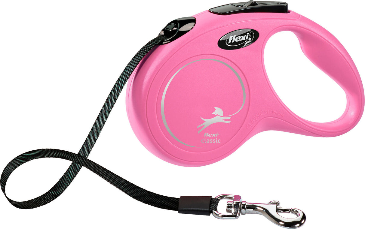 Rosa einziehbare Hundeleine mit schwarzem Band und Metallkarabiner, "flexi classic" Aufschrift sichtbar.