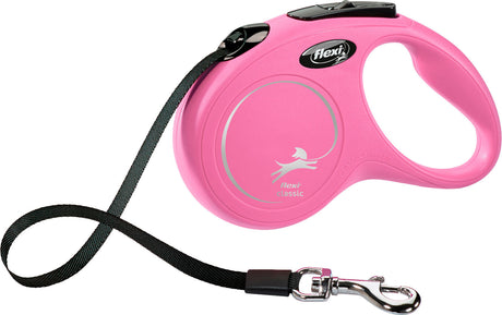 Rosa einziehbare Hundeleine mit schwarzem Band und Metallkarabiner, "flexi classic" Aufschrift sichtbar.