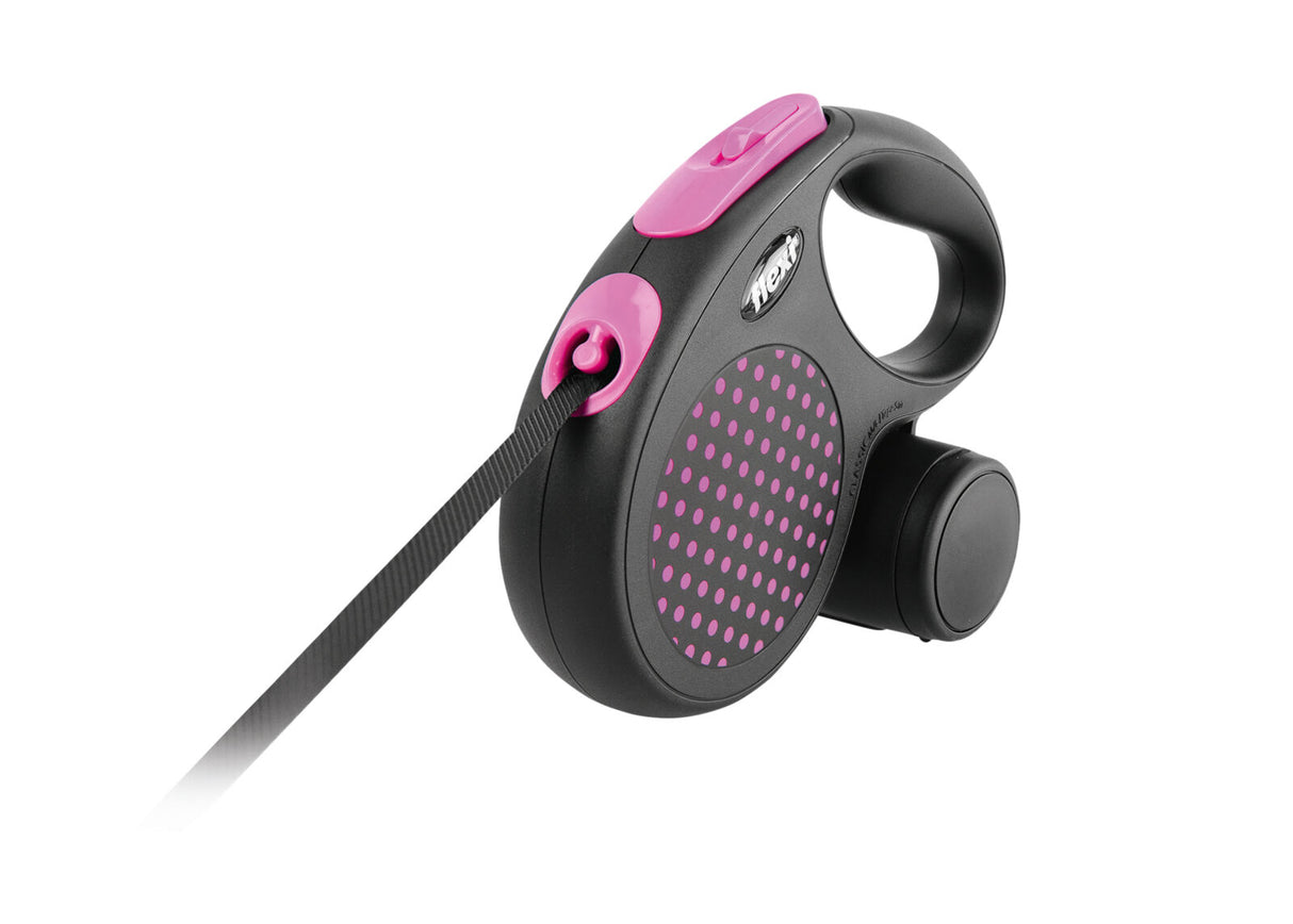 Schwarze Hundeleine mit rosa Punkten und Akzenten, ergonomischem Griff und integriertem Bremsknopf.