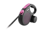 Schwarze Hundeleine mit rosa Punkten und Akzenten, ergonomischem Griff und integriertem Bremsknopf.